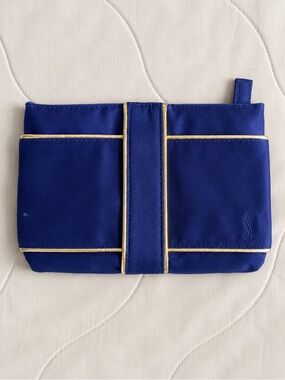 Authentic YSL Beauté Blue Satin Cosmetic Pouch Clutch Makeup Bag Gold Trim
